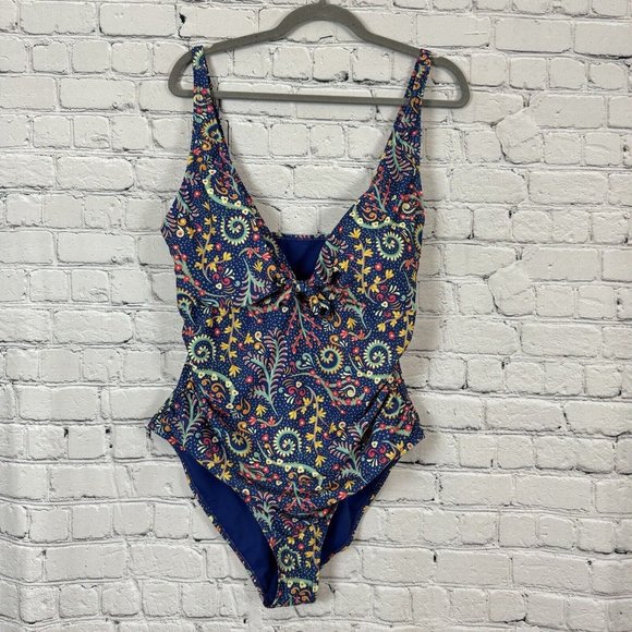NICOLE MILLER swimsuit L maillot tank watercolor ruched blue floral 1-piece main image 1